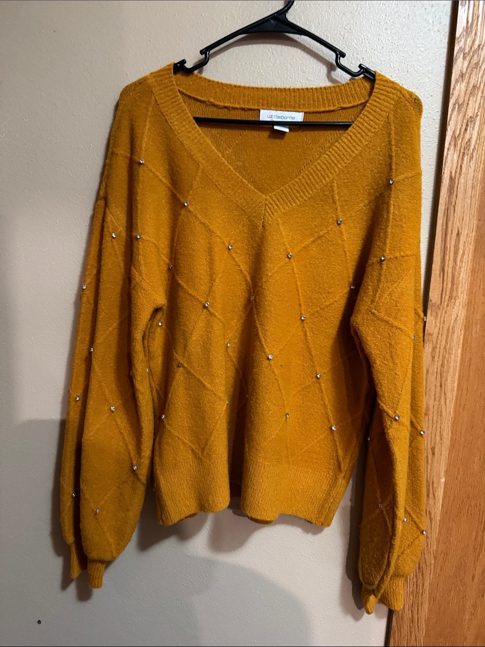 NWOT Liz Claiborne Golden Mustard V-Neck Sweater with Bead Accents